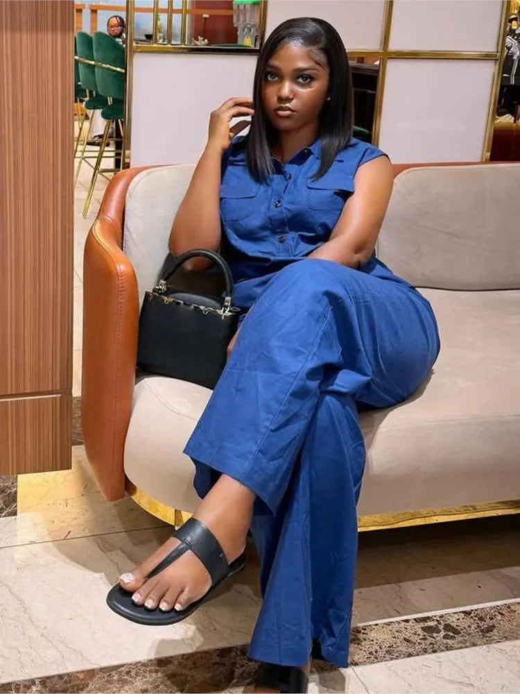 MarieKumax 2025 Summer Large Size 2 Piece Set Women Fashion Elegant Commuting Sleeveless Vests And Wide Leg Pants Color Solid Pant Sets