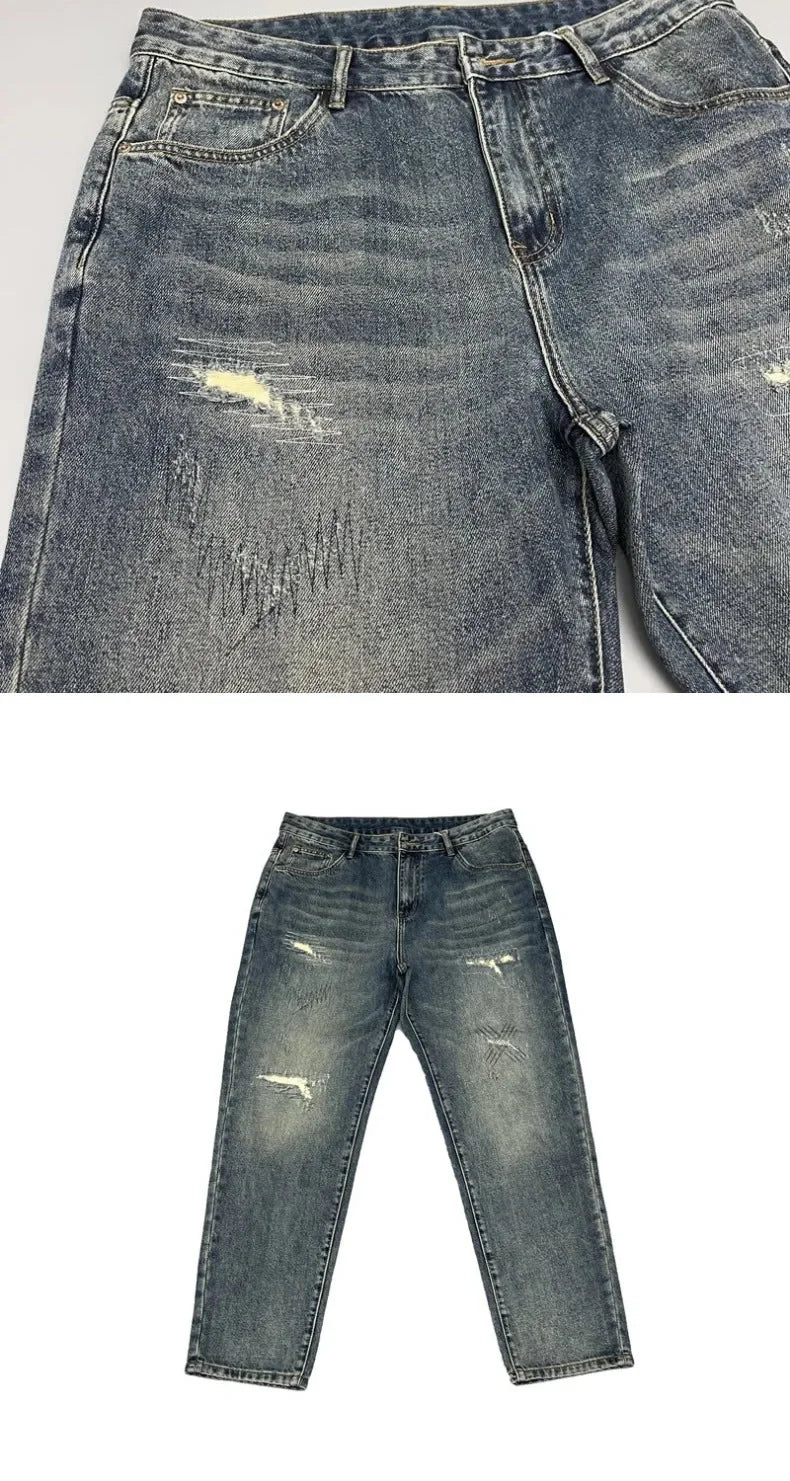 MarieKumax Spring American Casual Retro Patchwork Men's Straight Loose Fit Jeans Versatile Cone Shaped Poor Boy Pants