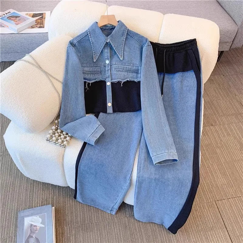 MarieKumax Two Piece Sets Women Pant Set Denim Splice Matching Sets Spring Top Wide Leg Long Pants Casual Loose Lace Up High Waist Jogger