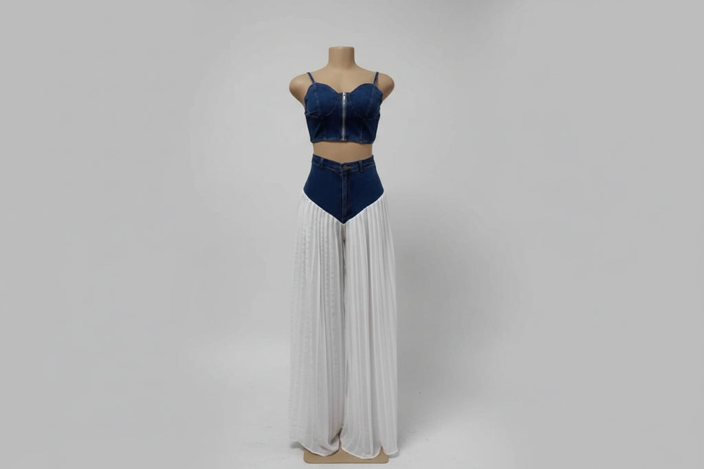 MarieKumax Denim Chiffon Women's Set Strapless Crop Top and Jeans Pants