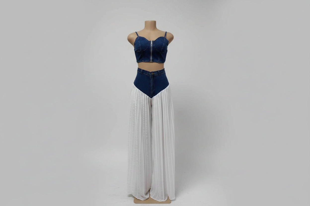 MarieKumax Denim Chiffon Women's Set Strapless Crop Top and Jeans Pants