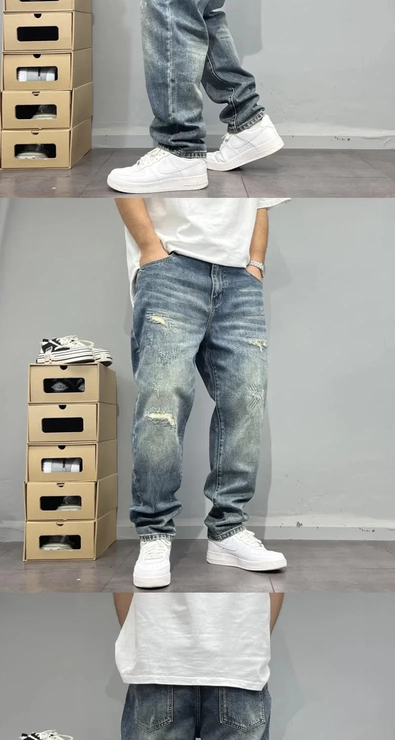 MarieKumax Spring American Casual Retro Patchwork Men's Straight Loose Fit Jeans Versatile Cone Shaped Poor Boy Pants