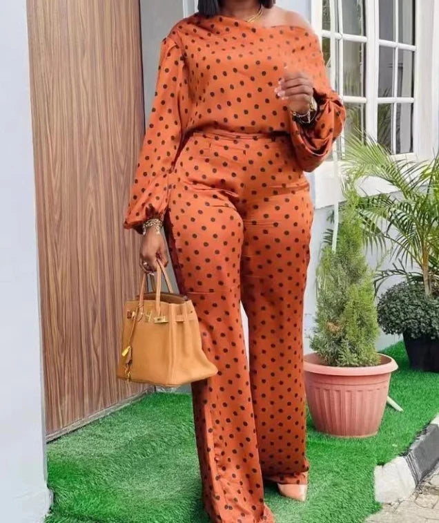 MarieKumax Two Piece Sets Womens Outifits New Wave Dot Printed Long Sleeved Skew Collar Top & Fashion Loose Pants Casual Suits 2024 Spring