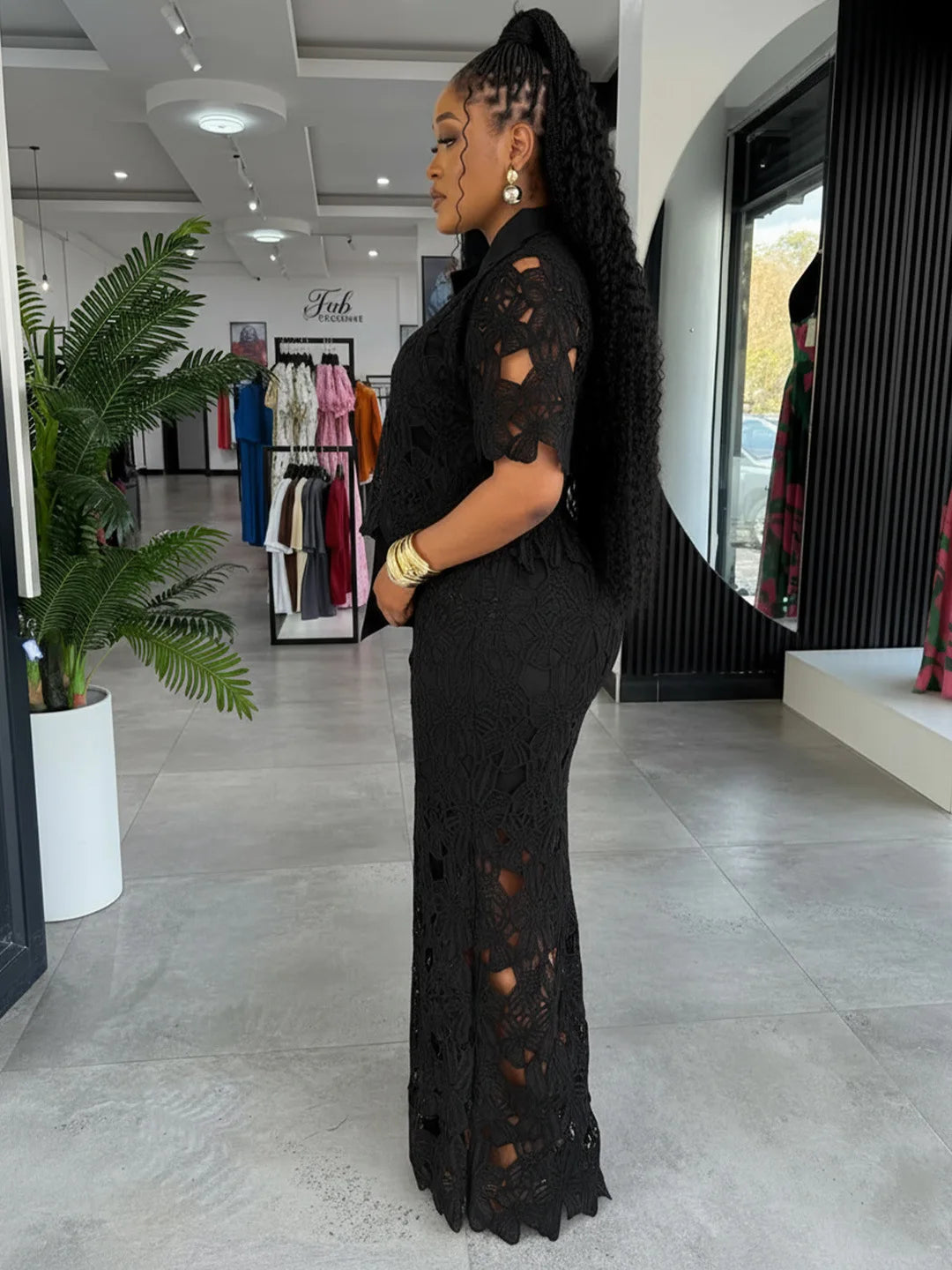 MarieKumax Streetwear Hollow Out Lace Casual Pants Outfits Sexy Women Two Pieces Club Matching Set Top+Trousers