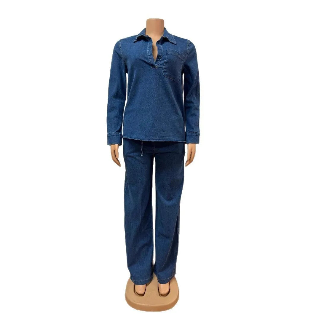 MarieKumax Denim Pant Set Women Two Piece Sets Matching Sets Streetwear Casual Loose Shirt Wide Leg Long Pants High Waist Y2k Mom Jeans