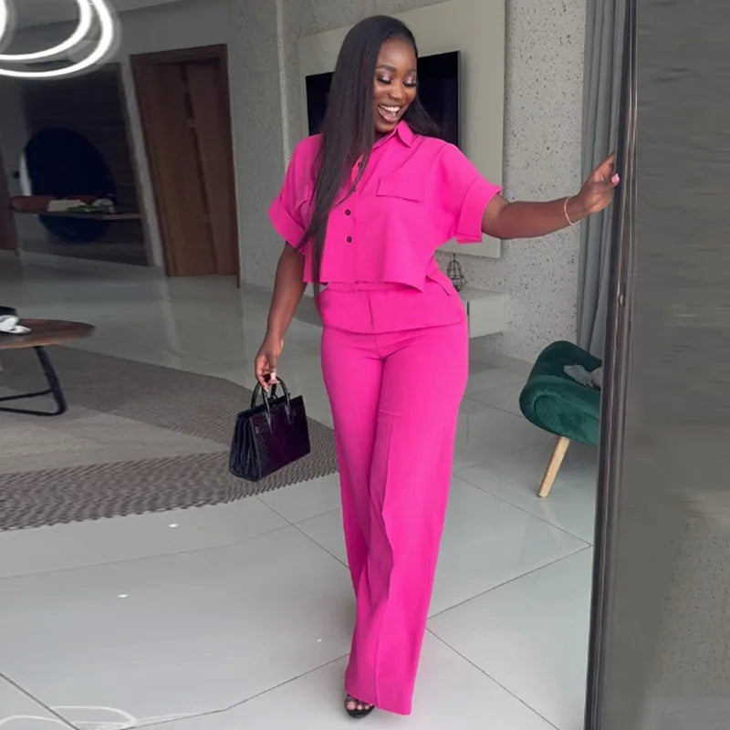 MarieKumax Women Top Pant Two Piece Sets Summer Casual Solid Short Sleeve Loose Shirt & Wide Leg Pants Set Ladies Elegant Suit 2 Piece Set