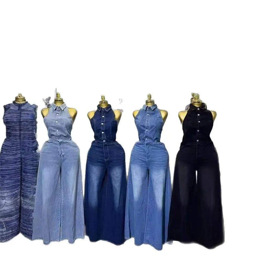 MarieKumax Summer New Women's Denim One-Piece Pants Long Sleeves Collared Backless Neck Hanging Style Single Button Closure