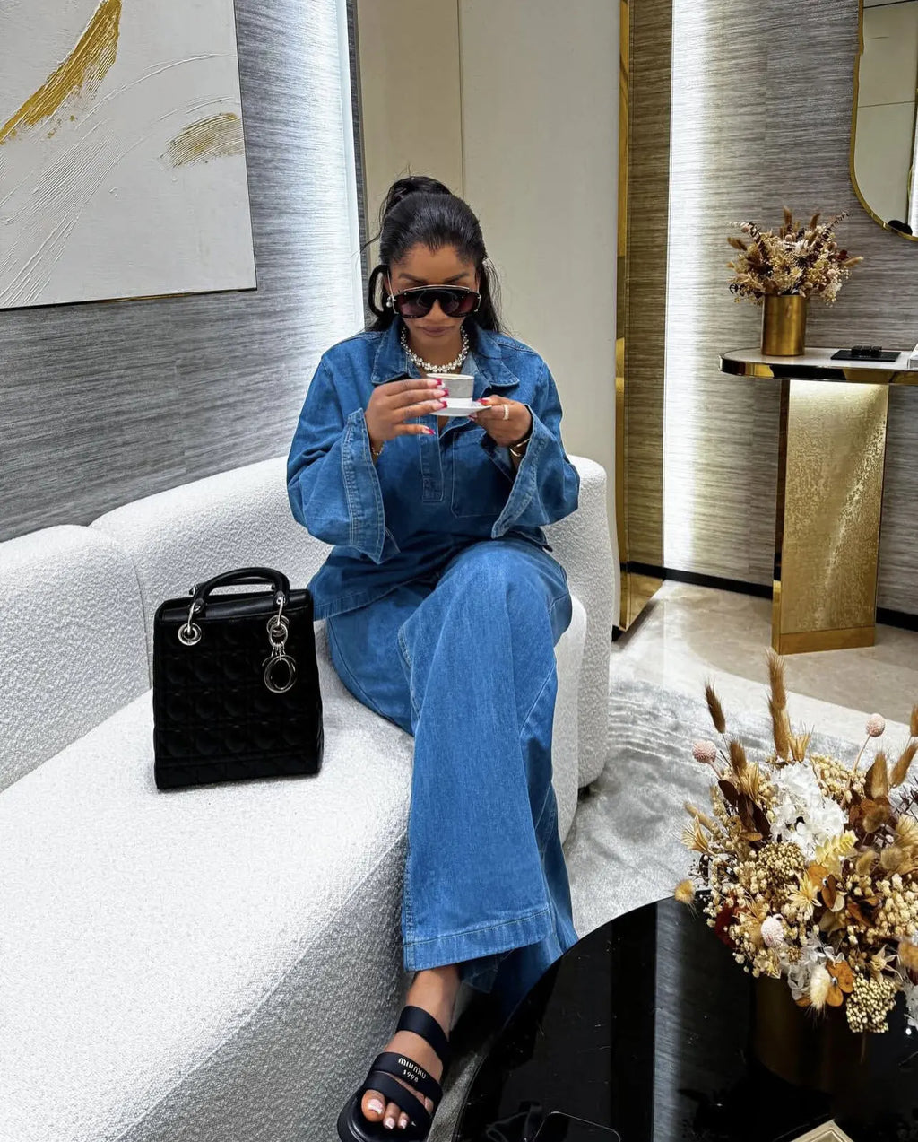 MarieKumax Denim Pant Set Women Two Piece Sets Matching Sets Streetwear Casual Loose Shirt Wide Leg Long Pants High Waist Y2k Mom Jeans