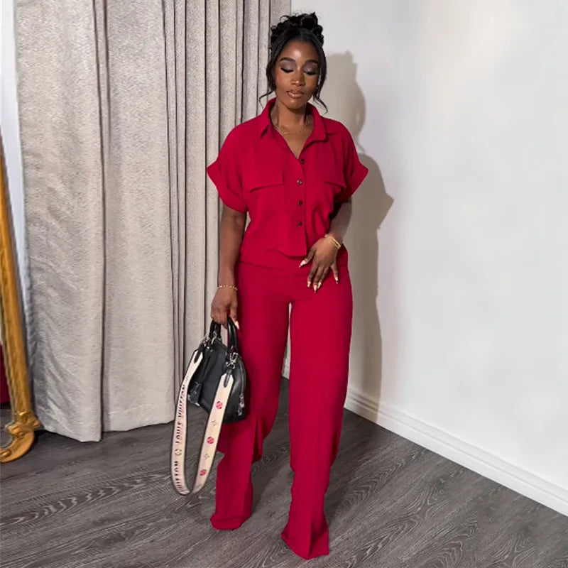 MarieKumax Women Top Pant Two Piece Sets Summer Casual Solid Short Sleeve Loose Shirt & Wide Leg Pants Set Ladies Elegant Suit 2 Piece Set