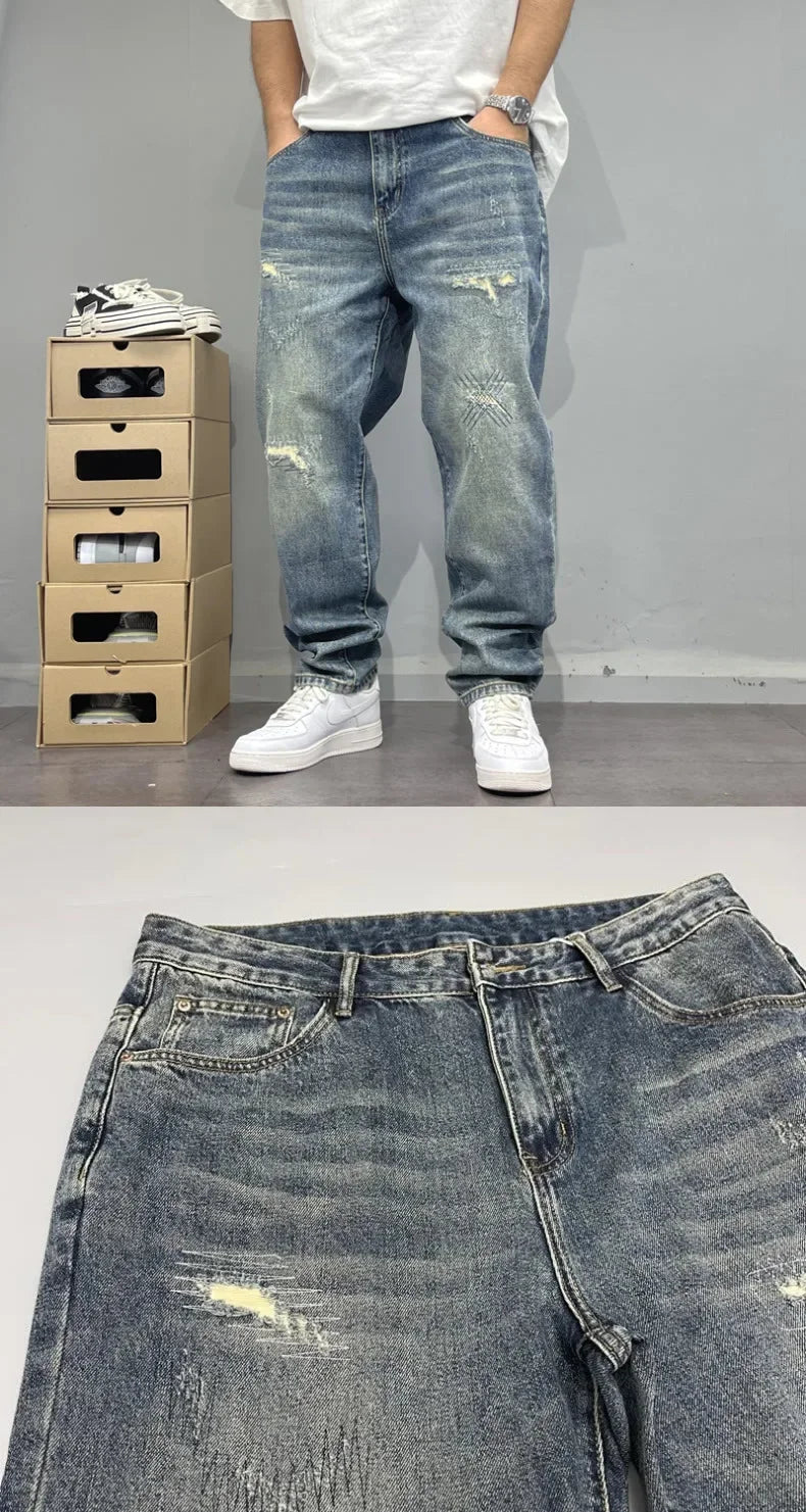 MarieKumax Spring American Casual Retro Patchwork Men's Straight Loose Fit Jeans Versatile Cone Shaped Poor Boy Pants