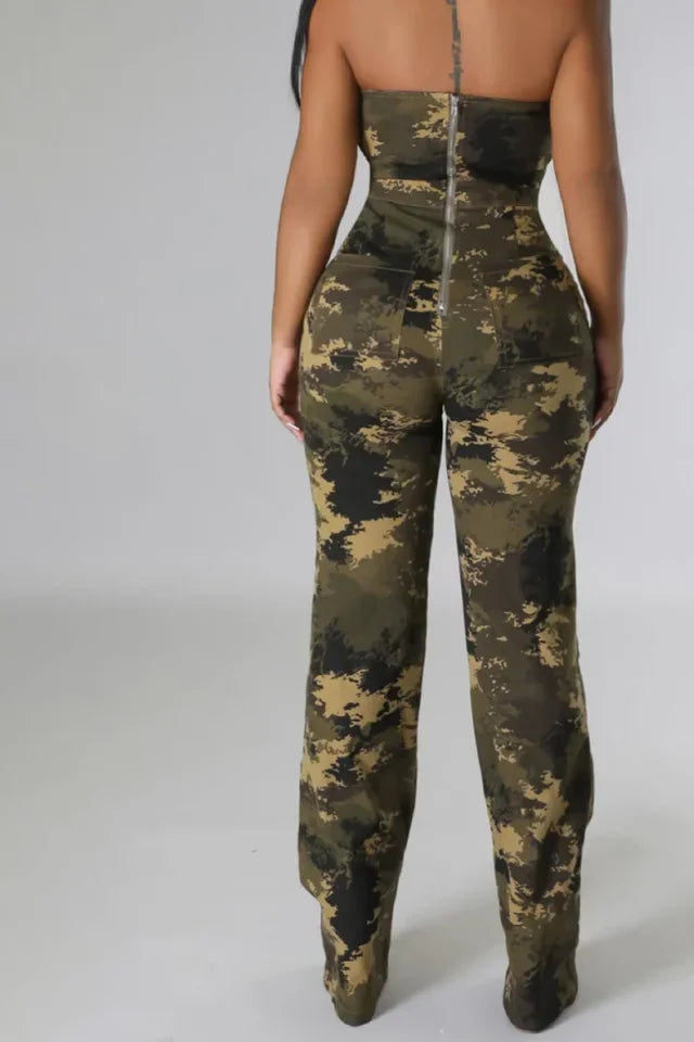 MarieKumax Women  Camouflage Jumpsuit Casual Army Green Denim Camo Strapless Sleeveless High Waist Ripped Jumpsuit Rompers