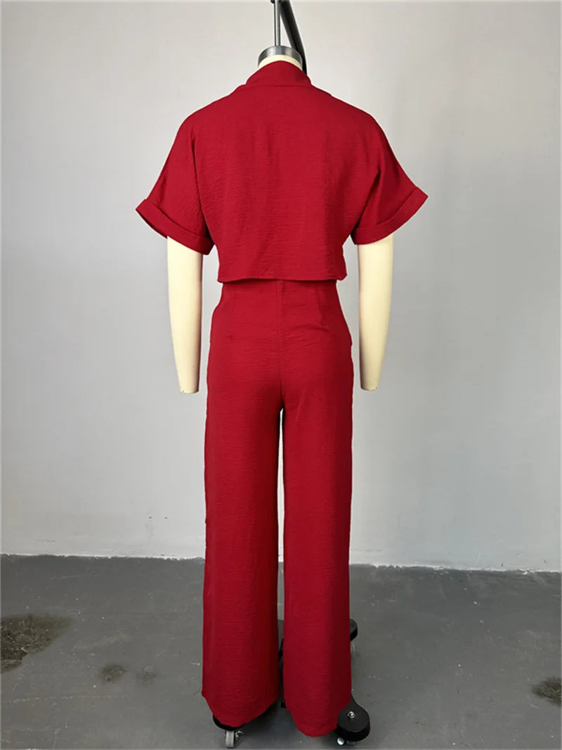 MarieKumax Women Top Pant Two Piece Sets Summer Casual Solid Short Sleeve Loose Shirt & Wide Leg Pants Set Ladies Elegant Suit 2 Piece Set