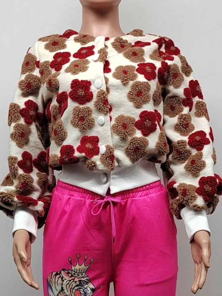 MarieKumax Fashion Plush Jacquard Long Sleeve O Neck Jacket Women's Coat Autumn Winter New Casual Loose Sports Jacket Cardigan Coat Female