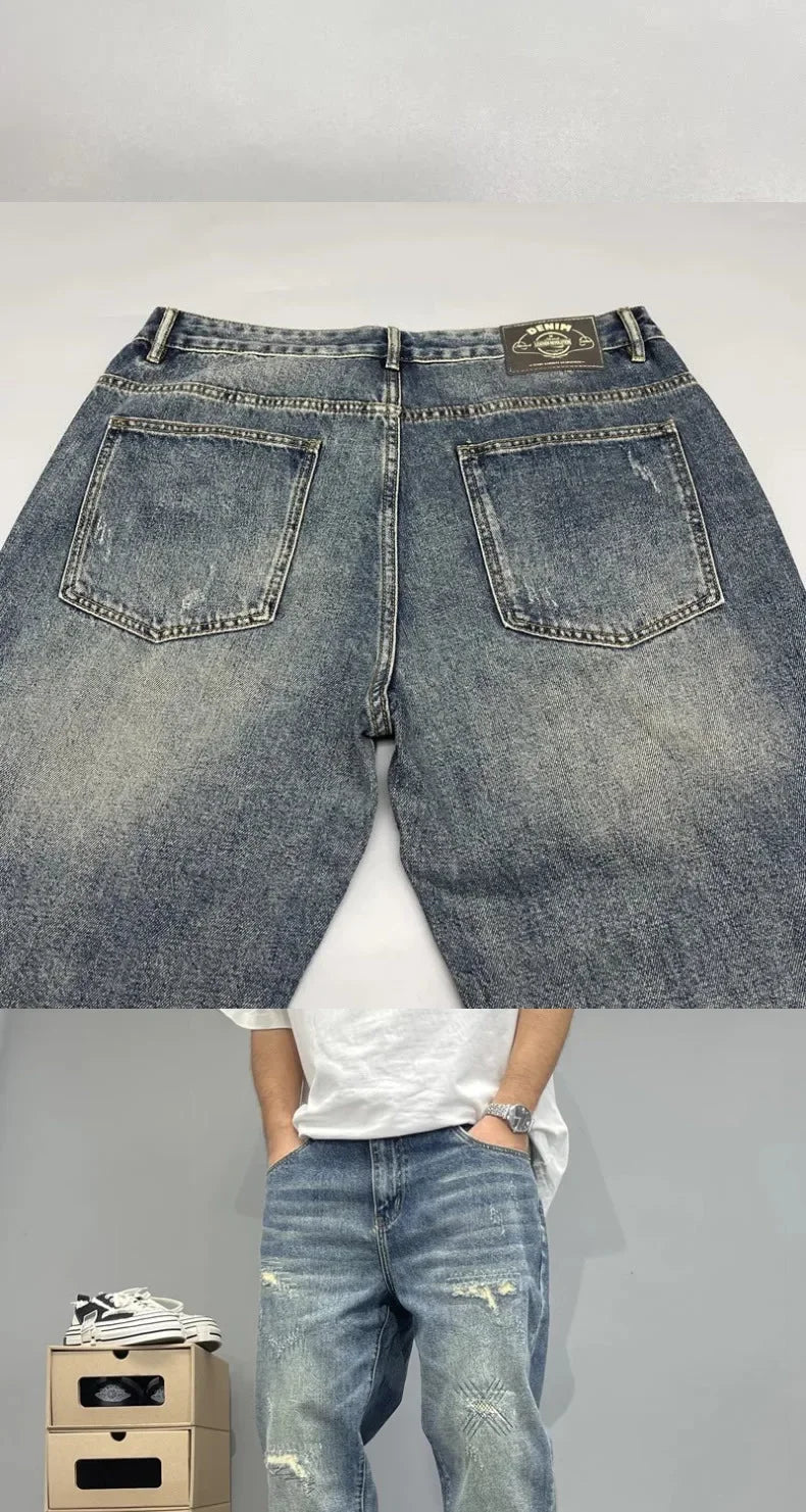 MarieKumax Spring American Casual Retro Patchwork Men's Straight Loose Fit Jeans Versatile Cone Shaped Poor Boy Pants