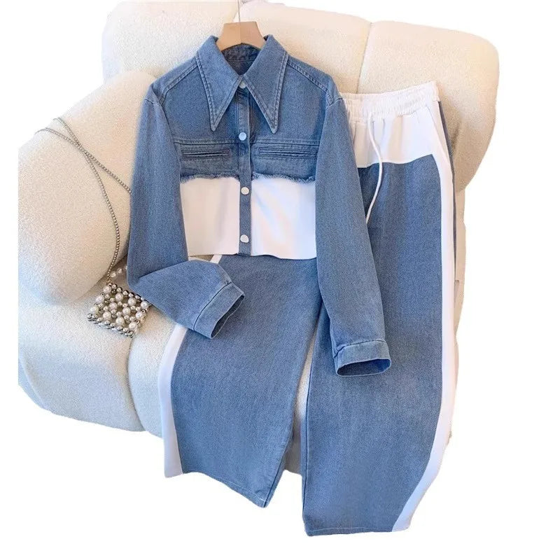 MarieKumax Two Piece Sets Women Pant Set Denim Splice Matching Sets Spring Top Wide Leg Long Pants Casual Loose Lace Up High Waist Jogger