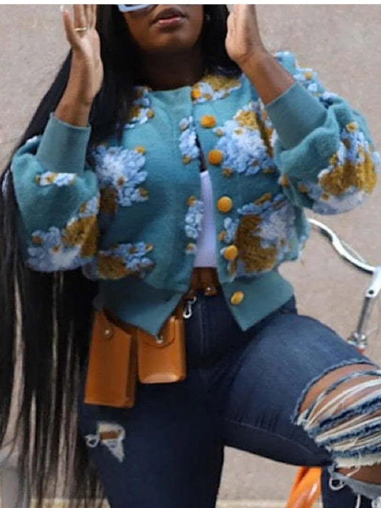 MarieKumax Fashion Plush Jacquard Long Sleeve O Neck Jacket Women's Coat Autumn Winter New Casual Loose Sports Jacket Cardigan Coat Female