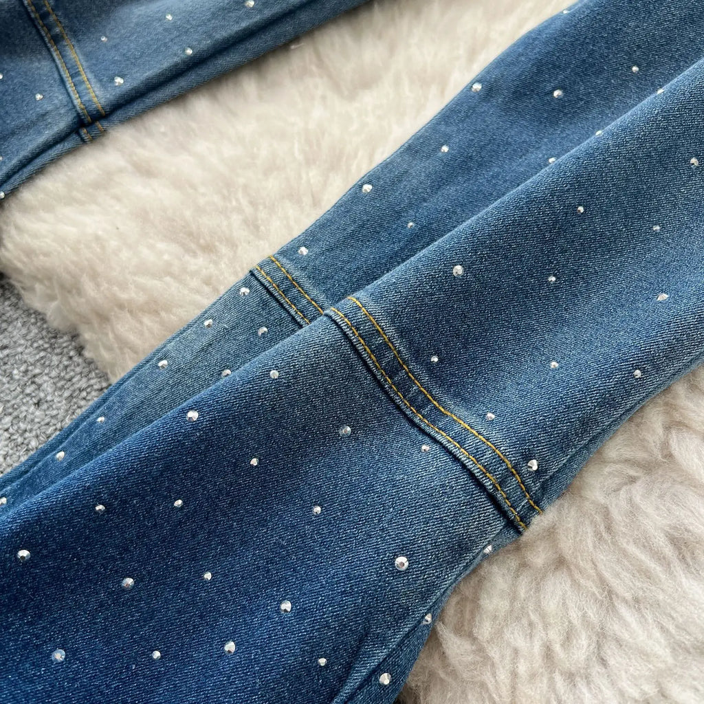 MarieKumax Denim Pant Set Women Two Piece Sets Sexy Matching Sets Sleeveless Short Tops Long Flare Pants High Waist Slim Hot Diamond