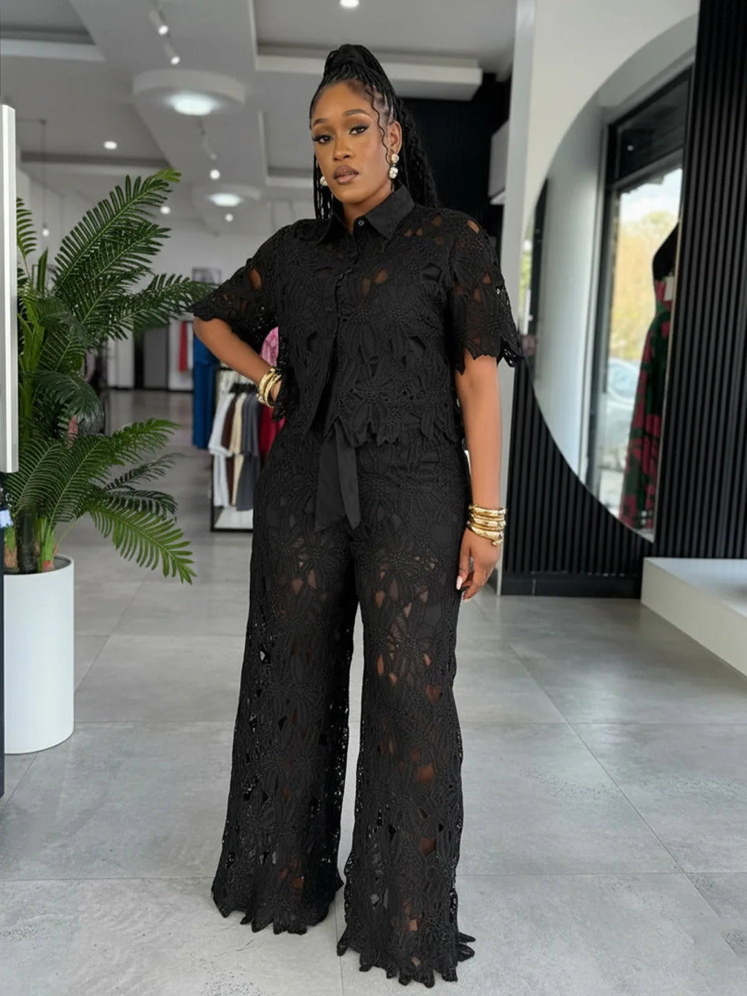 MarieKumax Streetwear Hollow Out Lace Casual Pants Outfits Sexy Women Two Pieces Club Matching Set Top+Trousers