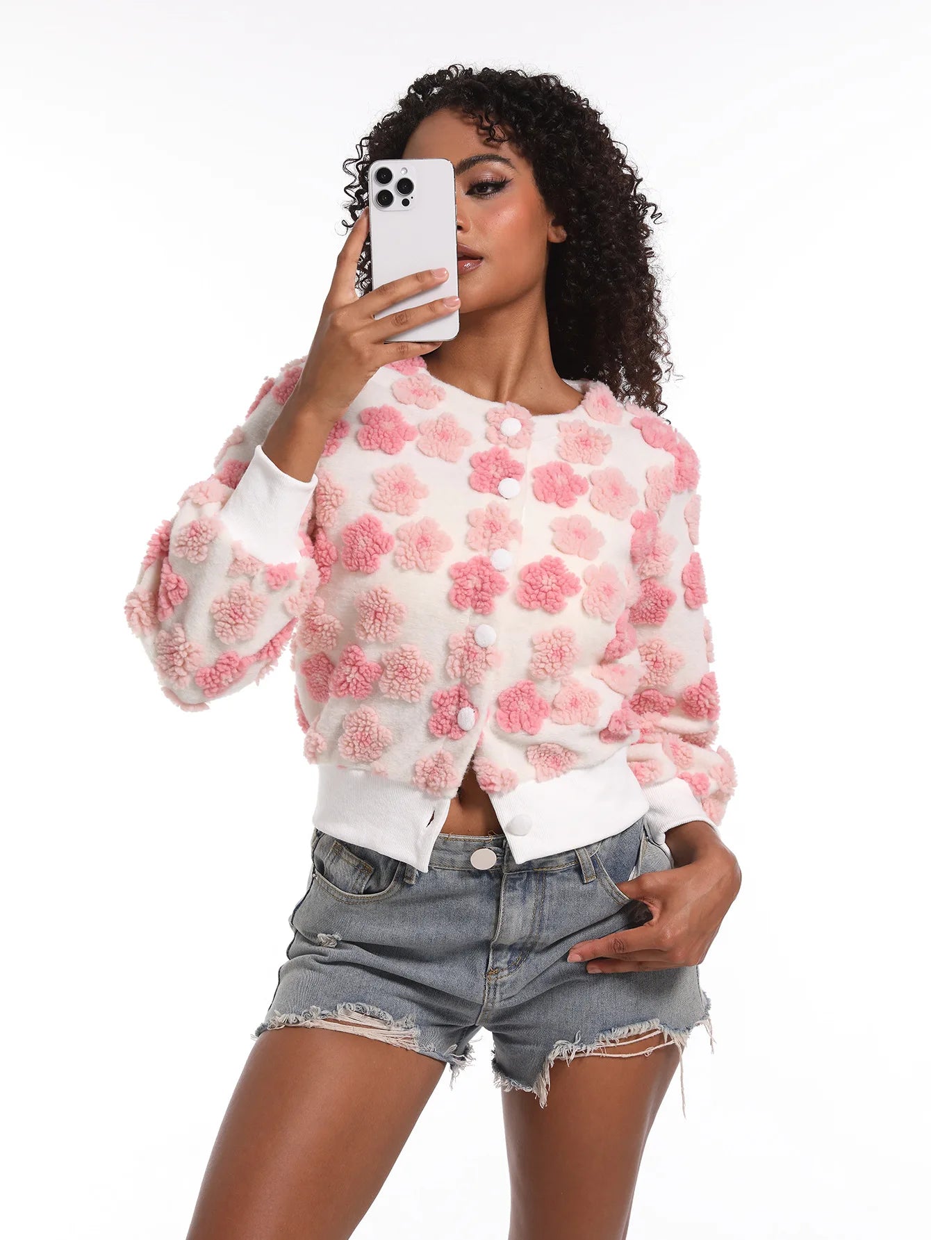 MarieKumax Fashion Plush Jacquard Long Sleeve O Neck Jacket Women's Coat Autumn Winter New Casual Loose Sports Jacket Cardigan Coat Female