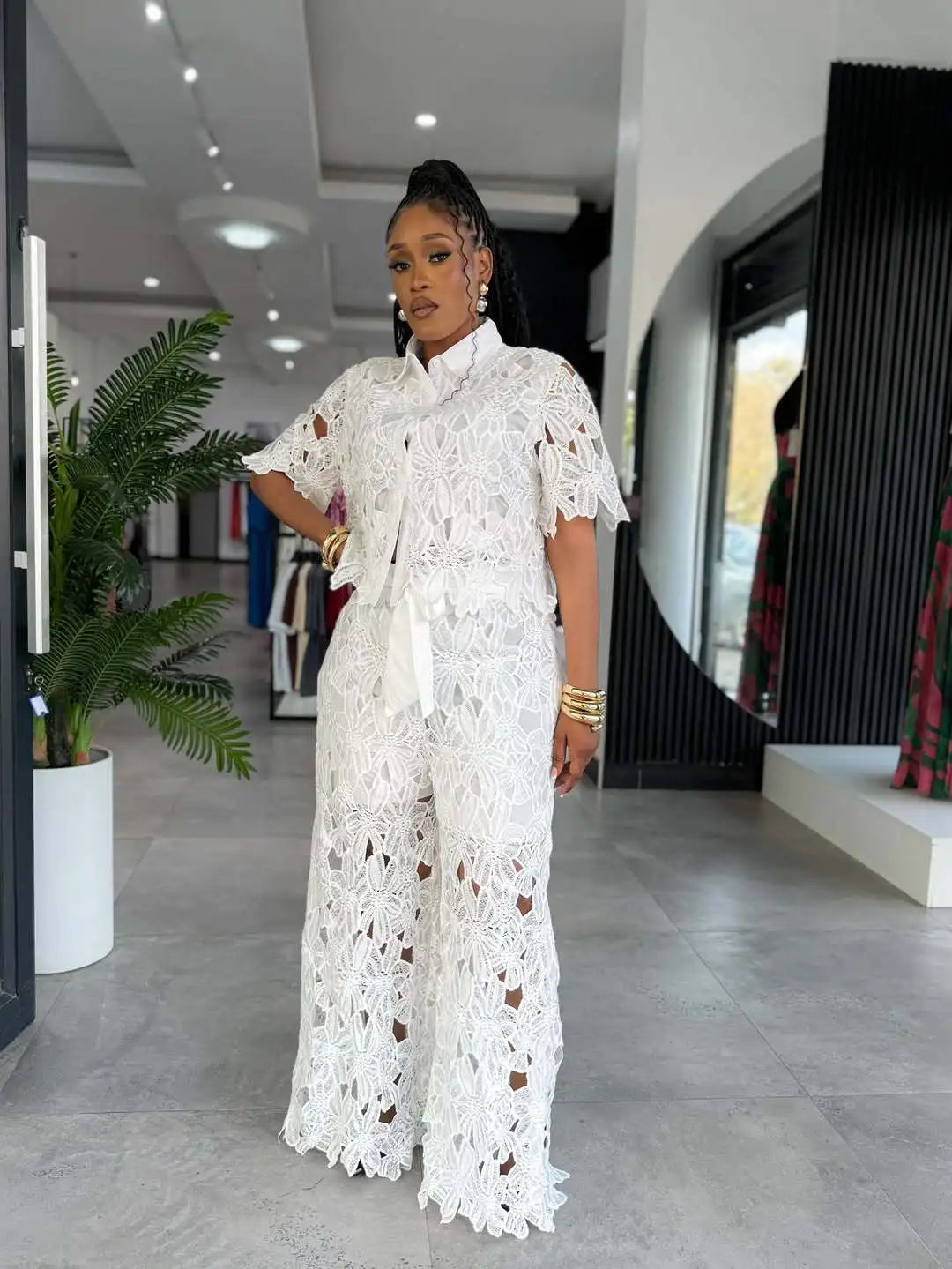 MarieKumax Streetwear Hollow Out Lace Casual Pants Outfits Sexy Women Two Pieces Club Matching Set Top+Trousers