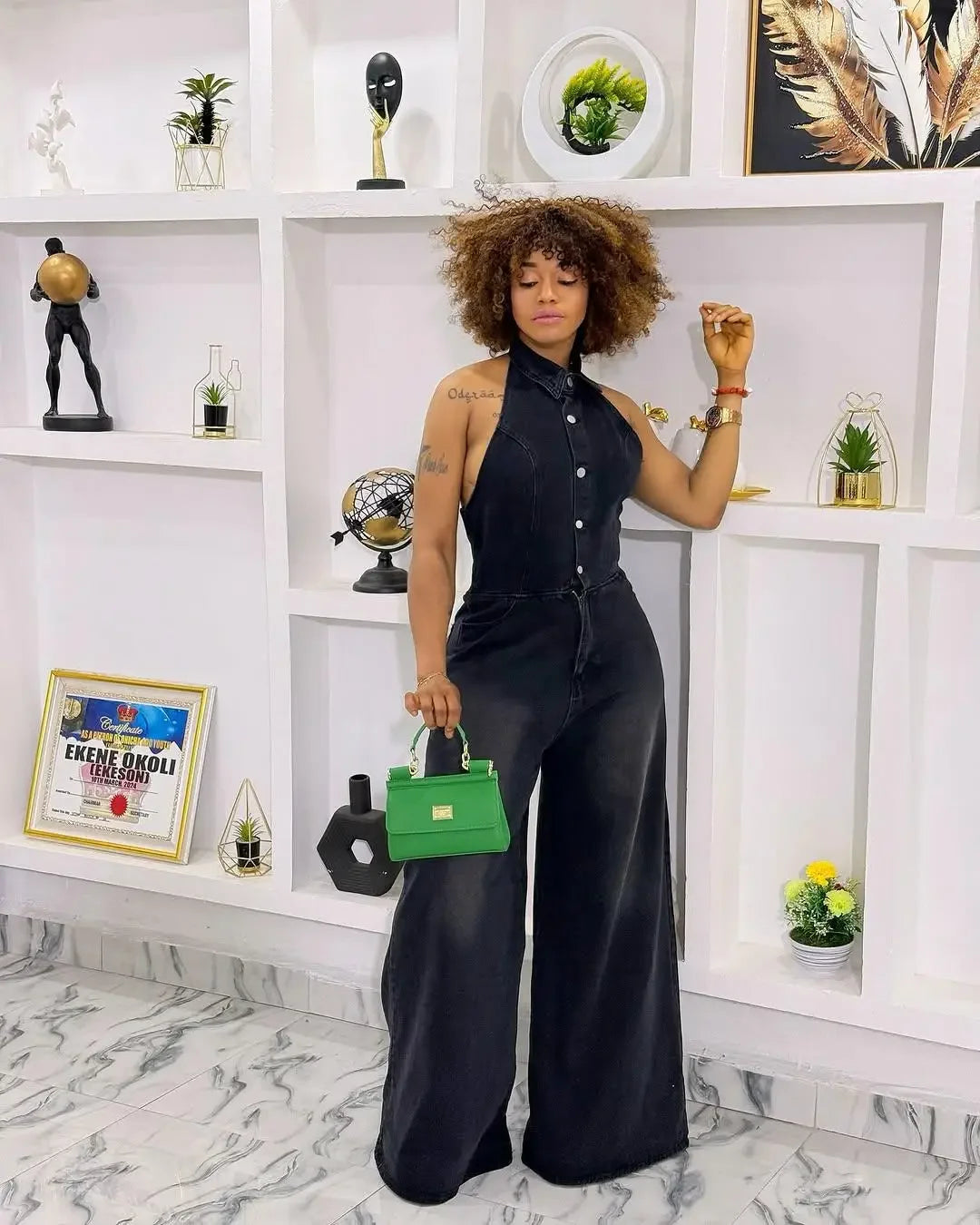 MarieKumax Summer New Women's Denim One-Piece Pants Long Sleeves Collared Backless Neck Hanging Style Single Button Closure