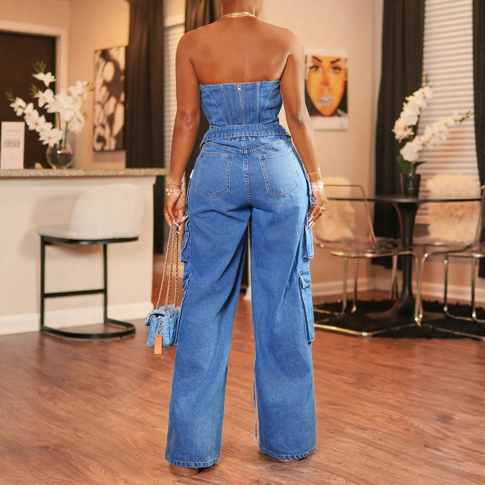 MarieKumax Elegant Casual Women's Jeans High Waist Wide Leg Comfortable Cotton Polyester Blend Fashionable Commute Style Long Pants