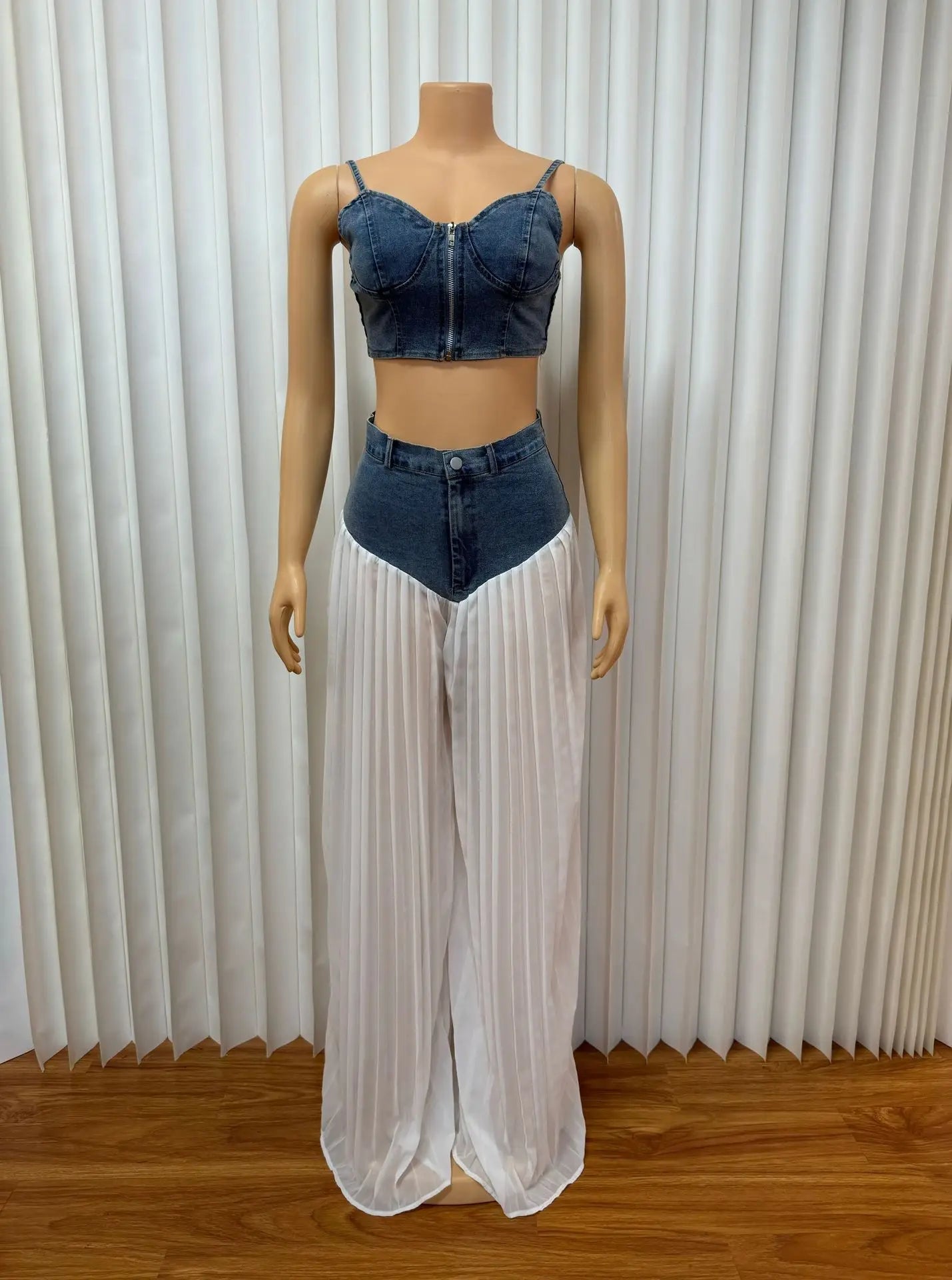 MarieKumax Denim Chiffon Women's Set Strapless Crop Top and Jeans Pants