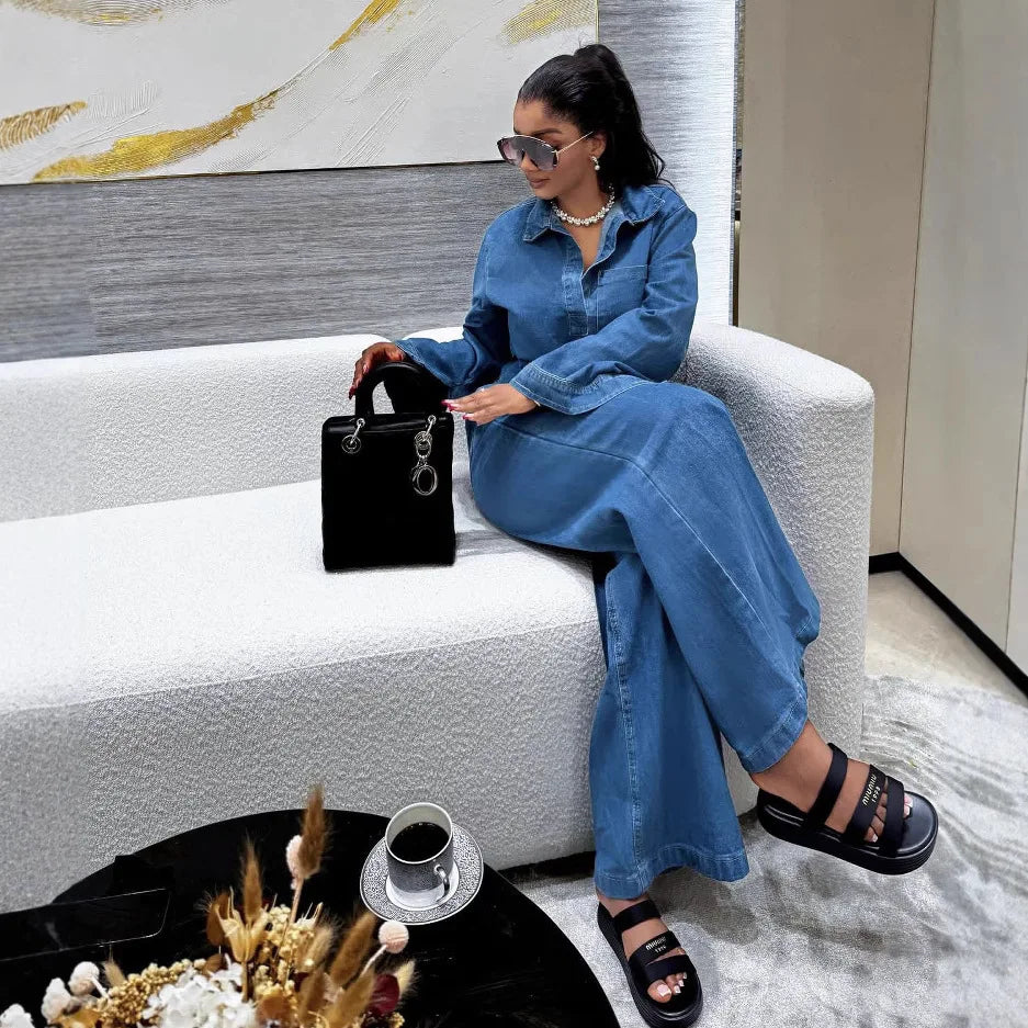 MarieKumax Denim Pant Set Women Two Piece Sets Matching Sets Streetwear Casual Loose Shirt Wide Leg Long Pants High Waist Y2k Mom Jeans