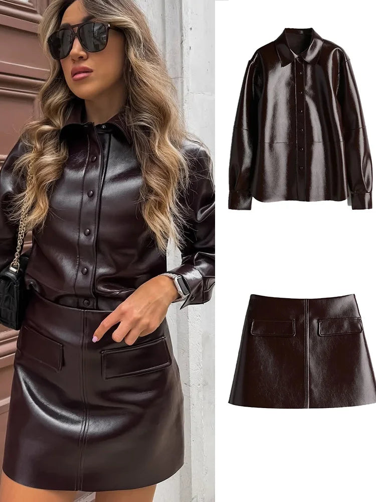 MarieKumax Street Leather Mini Skirt Sets For Women Long Sleeve Bike Jacket Hip Package A-line Skirt Suits 2025 Spring Motorcycle Outfits