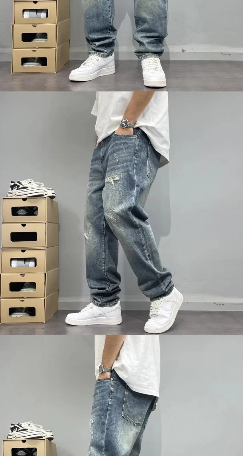 MarieKumax Spring American Casual Retro Patchwork Men's Straight Loose Fit Jeans Versatile Cone Shaped Poor Boy Pants