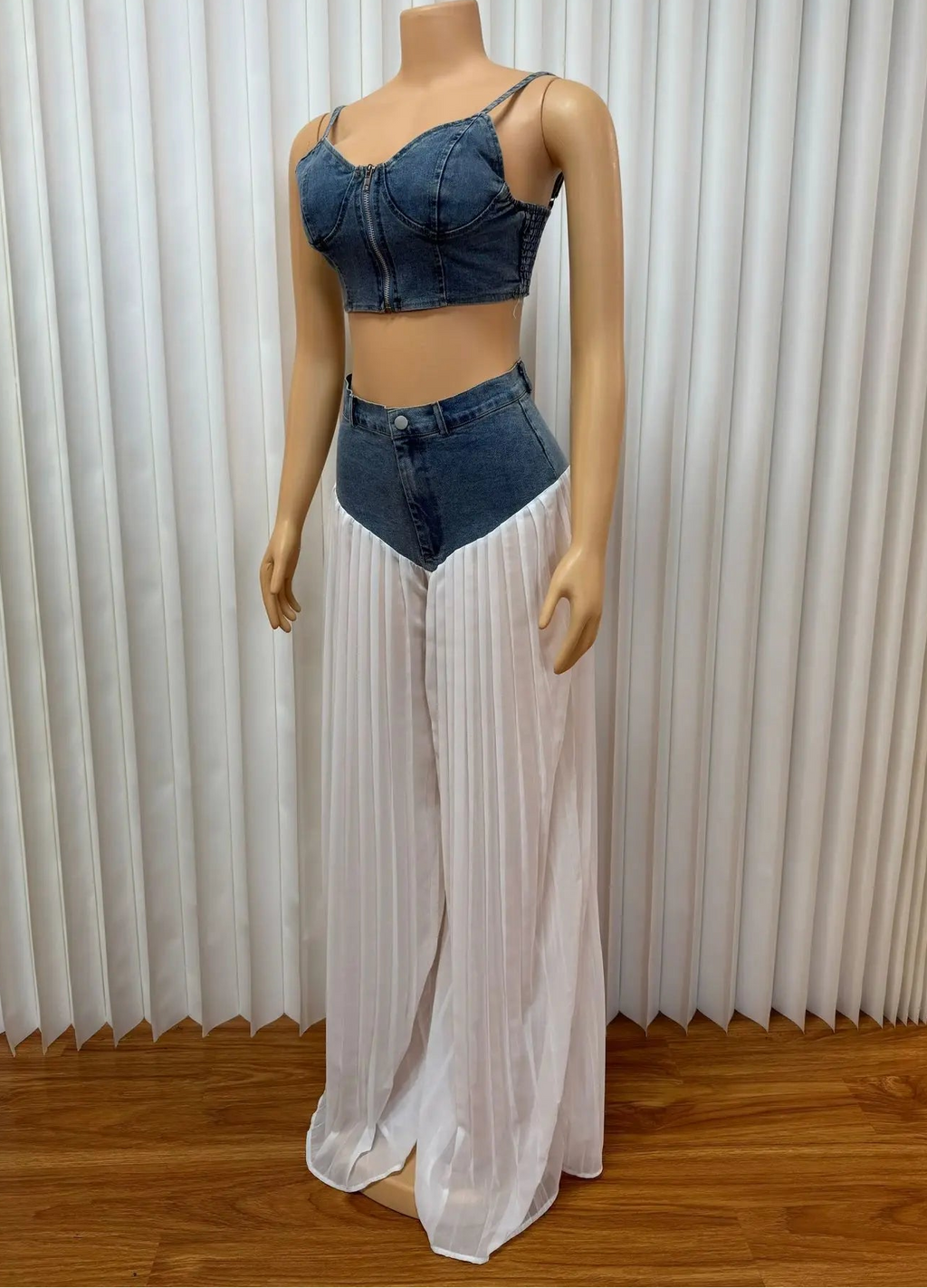 MarieKumax Denim Chiffon Women's Set Strapless Crop Top and Jeans Pants