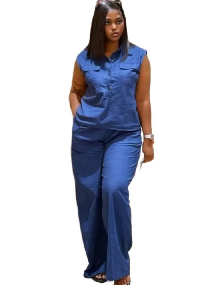 MarieKumax 2025 Summer Large Size 2 Piece Set Women Fashion Elegant Commuting Sleeveless Vests And Wide Leg Pants Color Solid Pant Sets