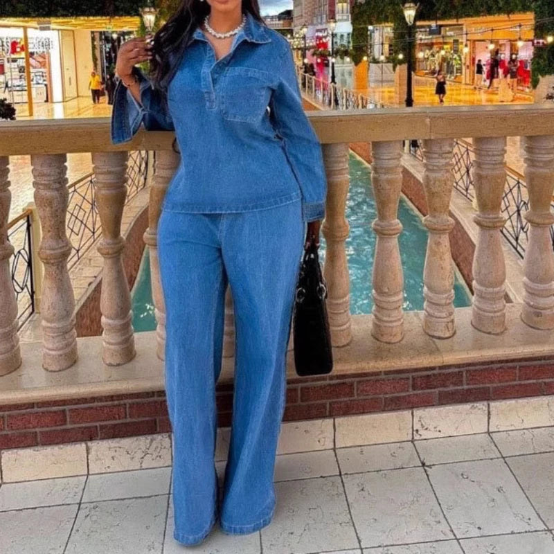 MarieKumax Denim Pant Set Women Two Piece Sets Matching Sets Streetwear Casual Loose Shirt Wide Leg Long Pants High Waist Y2k Mom Jeans