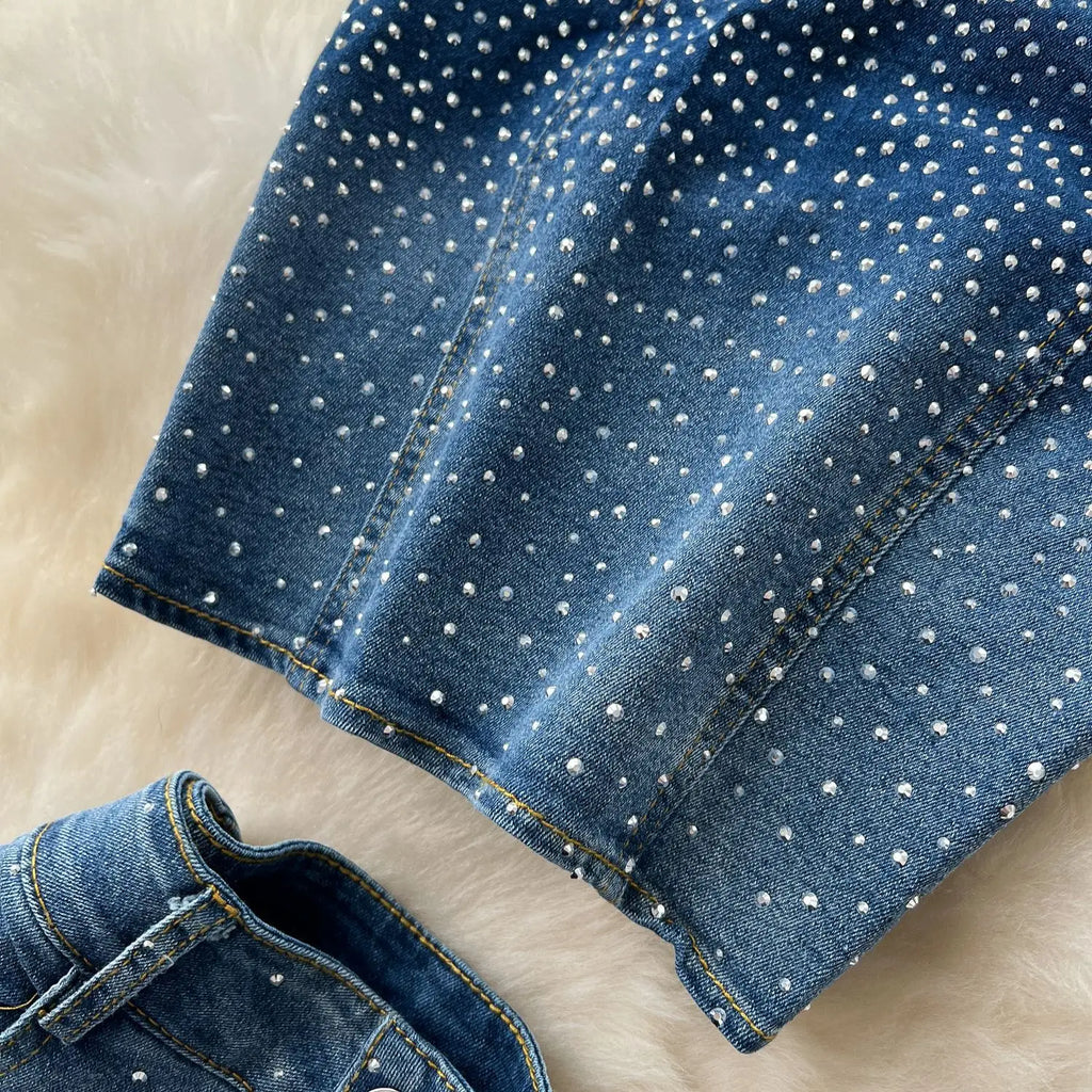 MarieKumax Denim Pant Set Women Two Piece Sets Sexy Matching Sets Sleeveless Short Tops Long Flare Pants High Waist Slim Hot Diamond