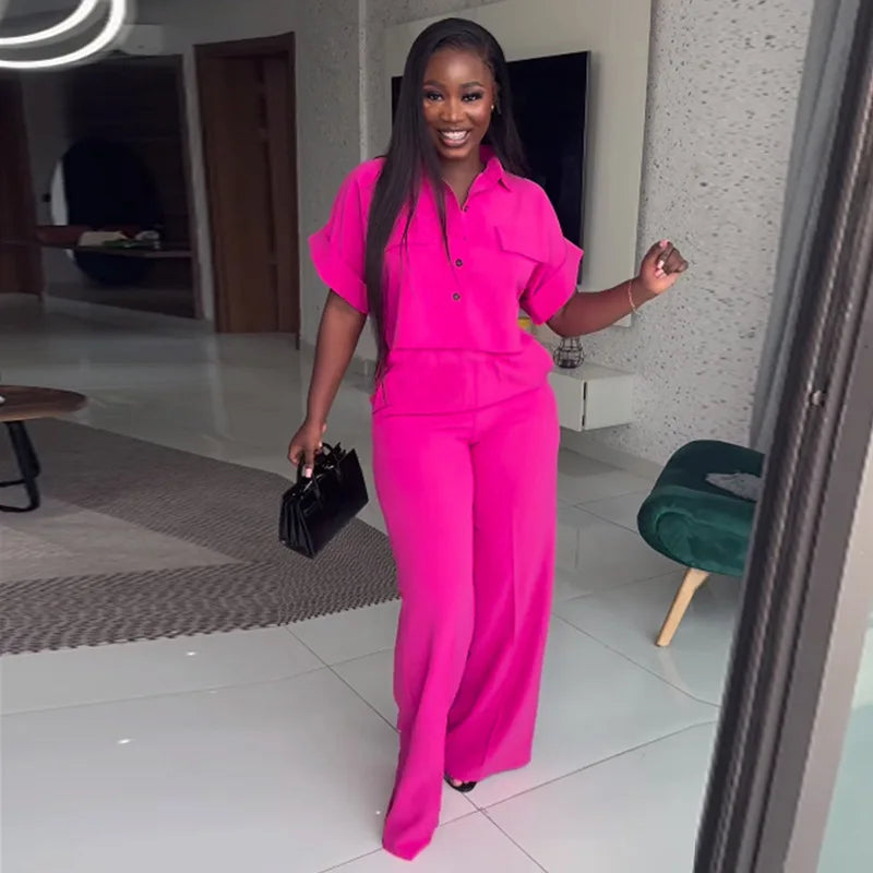 MarieKumax Women Top Pant Two Piece Sets Summer Casual Solid Short Sleeve Loose Shirt & Wide Leg Pants Set Ladies Elegant Suit 2 Piece Set