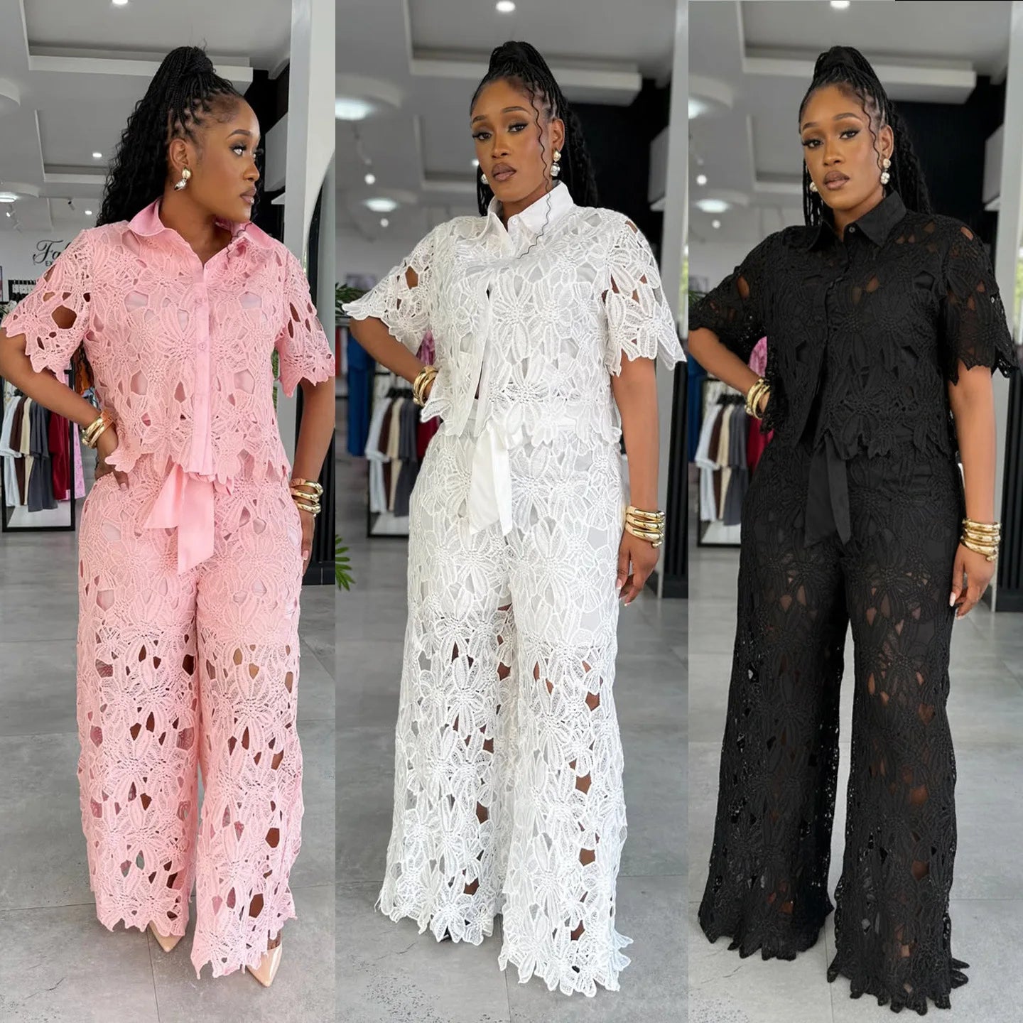 MarieKumax Streetwear Hollow Out Lace Casual Pants Outfits Sexy Women Two Pieces Club Matching Set Top+Trousers