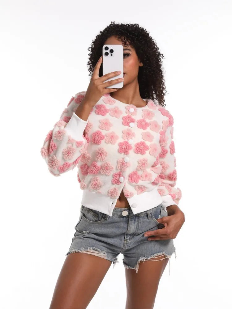 MarieKumax Fashion Plush Jacquard Long Sleeve O Neck Jacket Women's Coat Autumn Winter New Casual Loose Sports Jacket Cardigan Coat Female