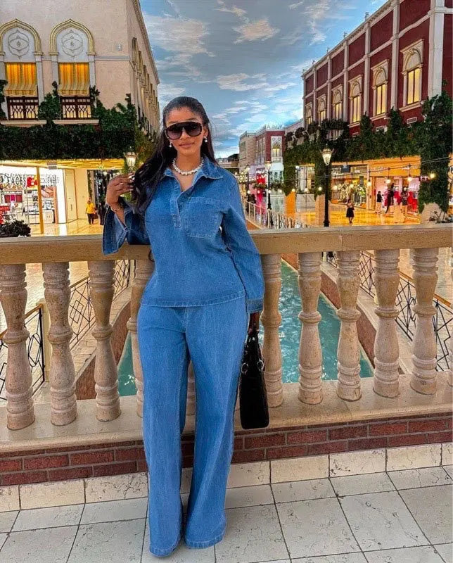 MarieKumax Denim Pant Set Women Two Piece Sets Matching Sets Streetwear Casual Loose Shirt Wide Leg Long Pants High Waist Y2k Mom Jeans