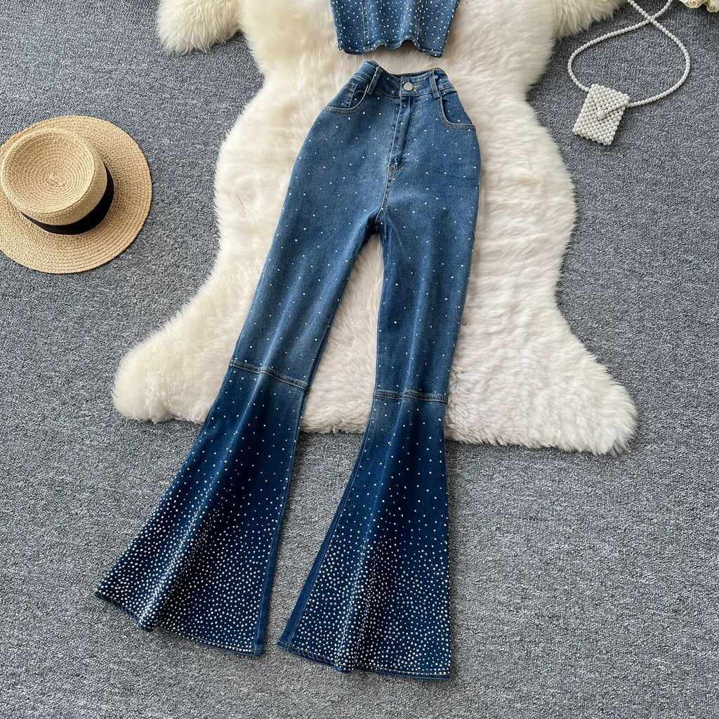 MarieKumax Denim Pant Set Women Two Piece Sets Sexy Matching Sets Sleeveless Short Tops Long Flare Pants High Waist Slim Hot Diamond