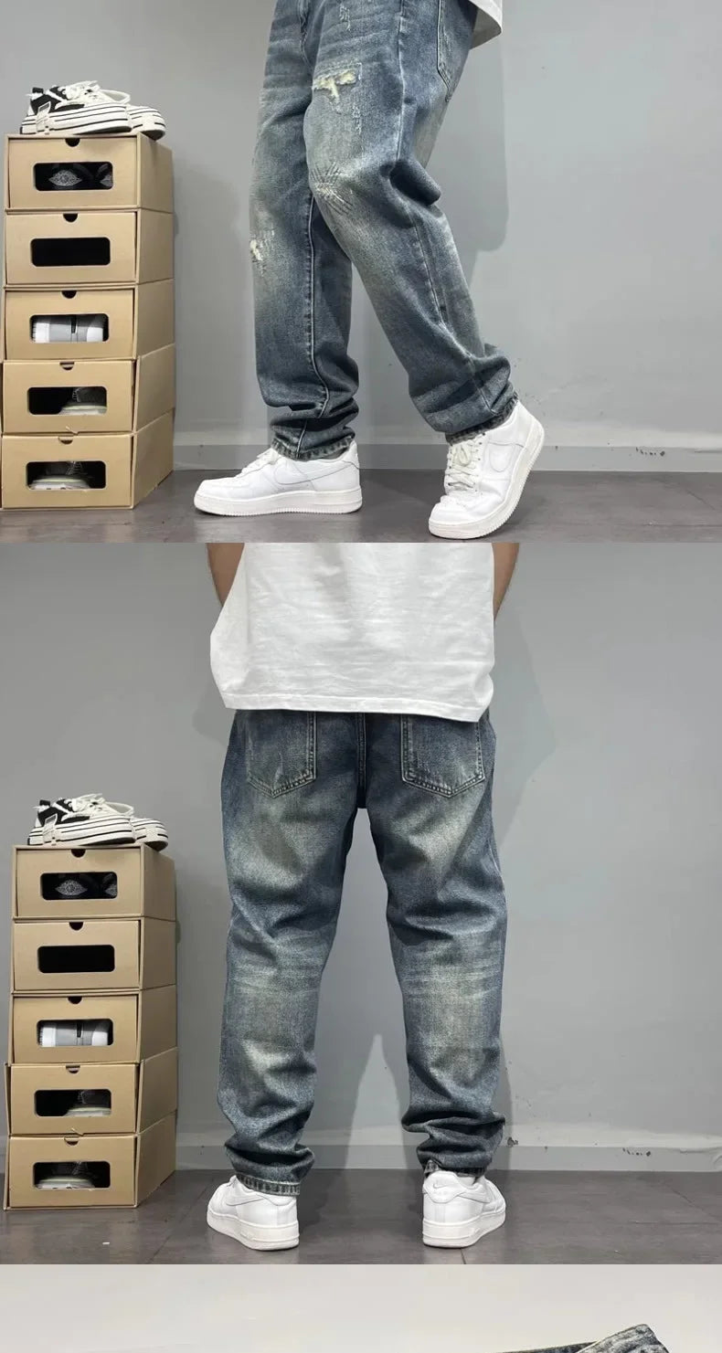 MarieKumax Spring American Casual Retro Patchwork Men's Straight Loose Fit Jeans Versatile Cone Shaped Poor Boy Pants